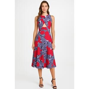 Thakoon SZ 6 Graphic Neoprene Floral Print Cutout Dress Red Gray Violet $2375